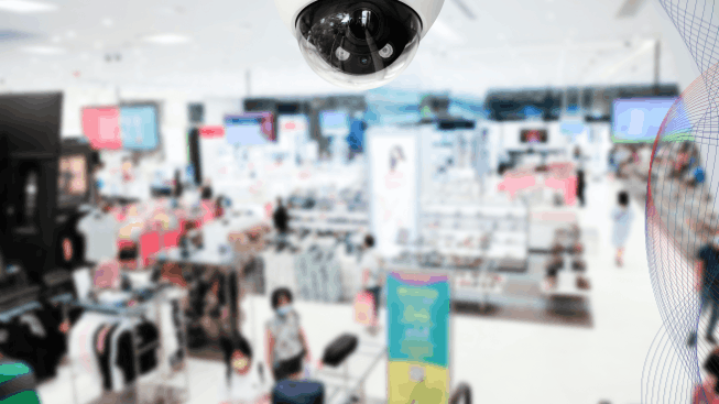 Public CCTV camera with blurred interior of a shopping mall