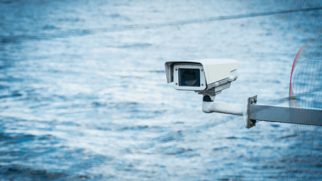 Outdoor security camera on a blue waterfront background