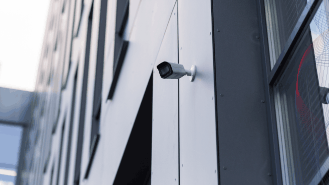 A video surveillance camera is located in a modern office center