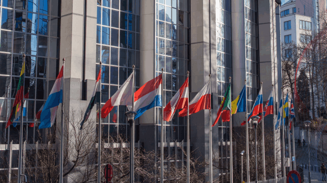 European parliament offices and European flags in the Brussels