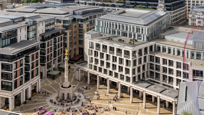 Wide-angle aerial view of the London stock exchange building