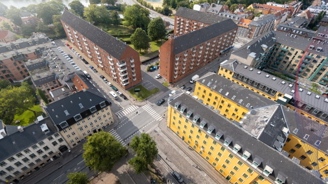 Wide-angle aerial view of city streets in Copenhagen