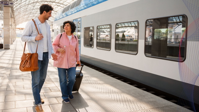 Two individuals walking at the railway station near the train