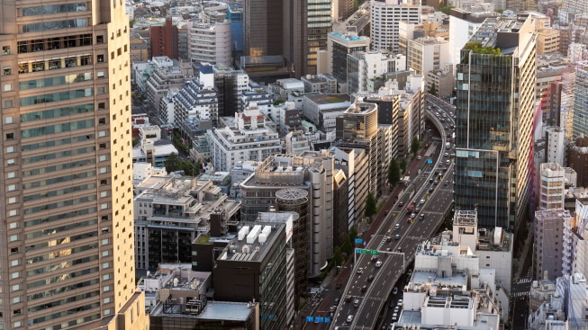 City landscape with tall buildings