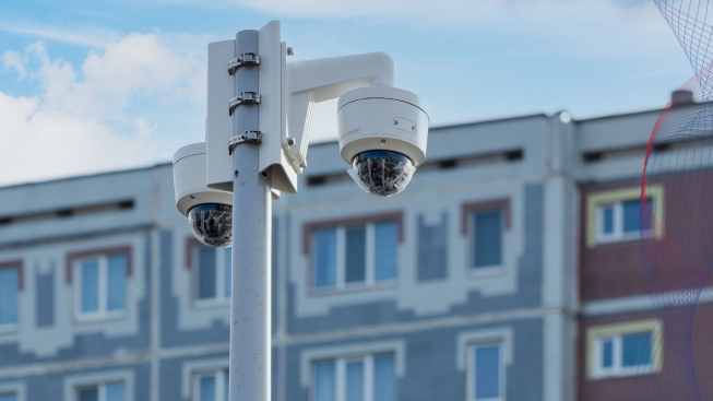 Cctv cameras on a pole, the facade of a panel apartment building in the background