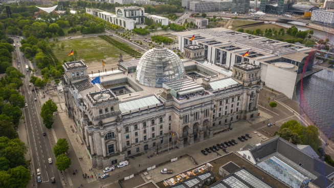 Wide-angle aerial view of Reichstag building in Berlin